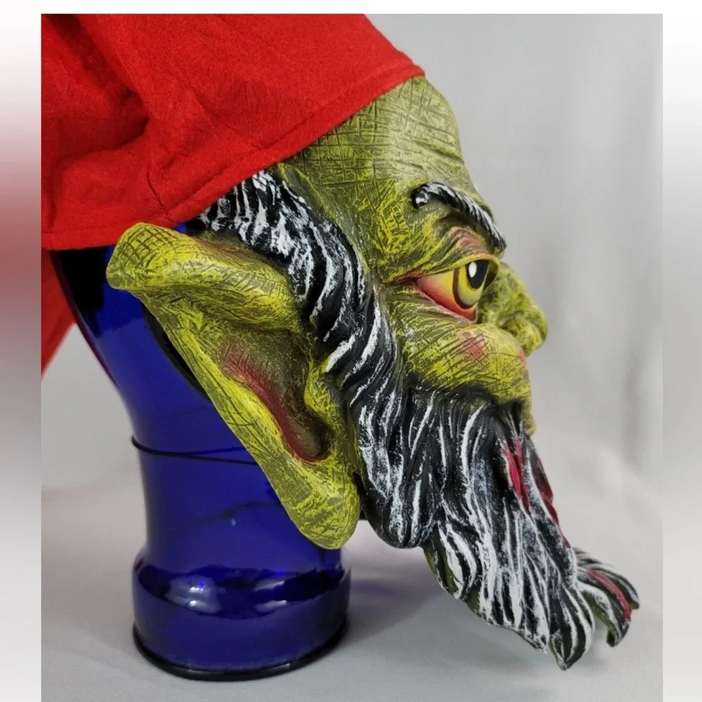 SCARY FACE horror mask GREEN GARDEN Gnome beard RED POINTY HAT Halloween monster